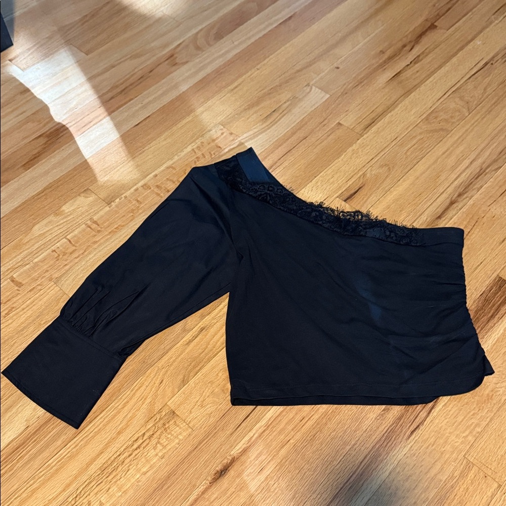Anthropologie Black One-Shoulder Top with Lace Trim
